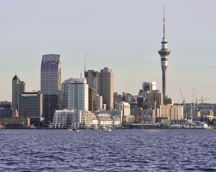 The Auckland skyline and Sky Tower seen across the harbour on a clear day