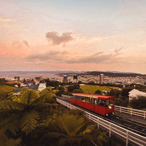 The red Wellington cable car on its track in the evening